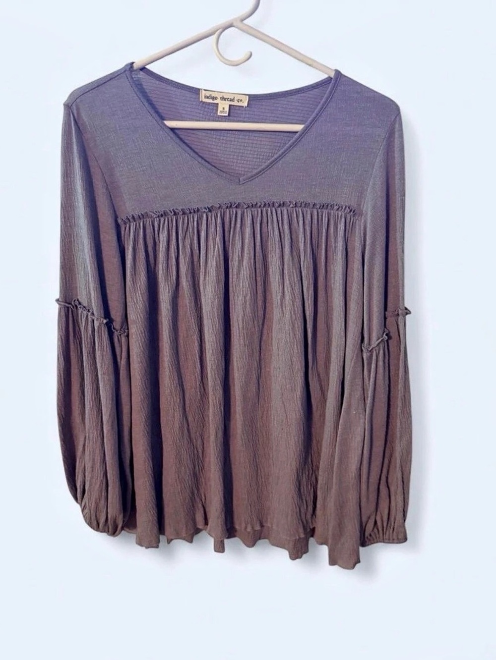 indigo thread co. Pleated Long Sleeve Blouse in Purple Small